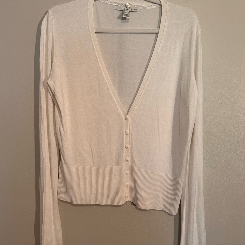 Mango White V-Neck Cardigan, Size L